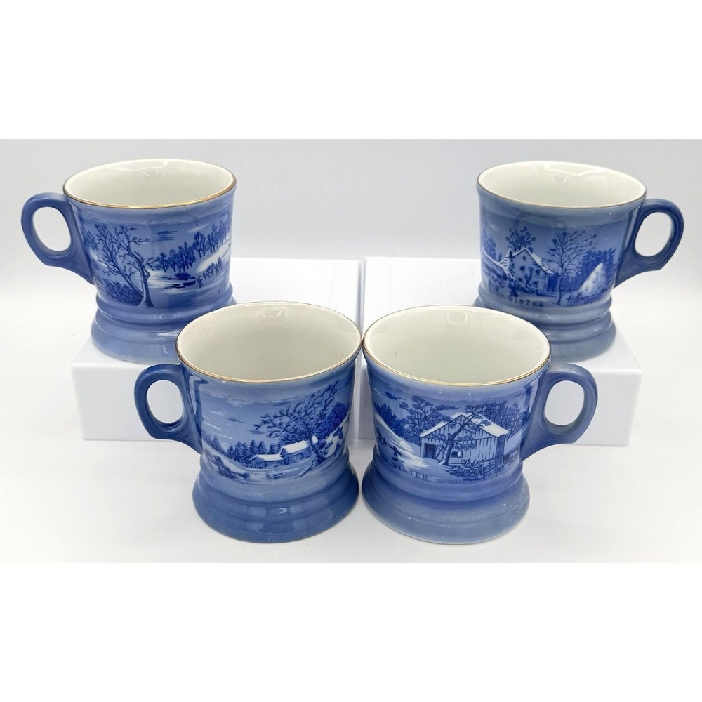 4 Coffee Tea Mug Currier & Ives A Home in the Wilderness Blue & White Shaving